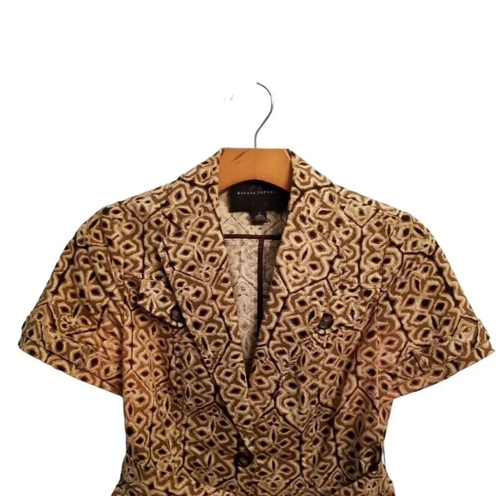 Banana Republic Tan Brown Short Sleeve Safari Print Jacket Size 0   8 374 - Picture 3 of 11
